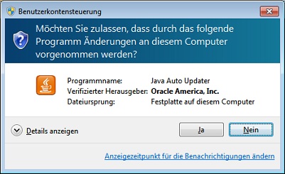 Dialogfeld "Benutzerkontensteuerung": Benutzergenehmigung zur Vornahme von Änderungen an diesem Rechner