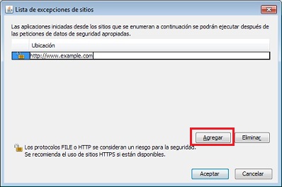 Ventana de lista de excepciones de sitios