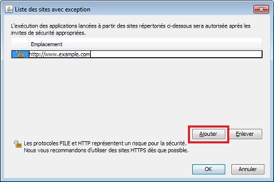 Fenêtre Liste des sites avec exception
