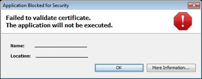 Validatie van certificaat is mislukt: het certificaat voor de applicatie van de vermelde locatie kan niet worden gevalideerd. Deze applicatie wordt niet uitgevoerd.