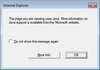 Dialoogvenster waarin staat dat voor de weergegeven pagina Java wordt gebruikt