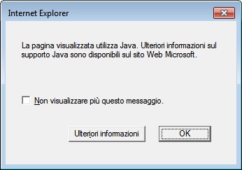 Finestra di dialogo indicante che la pagina visualizzata utilizza Java