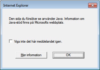 Dialogruta med meddelandet Den sida du försöker se använder Java