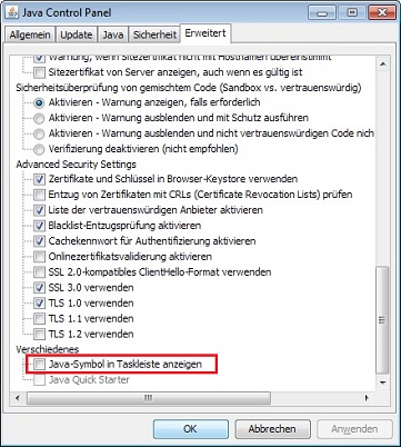 Deaktivieren Sie die Option, um das Java-Symbol aus der Taskleiste zu entfernen