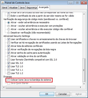 Desmarque-a para desativar o ícone do Java na bandeja do sistema