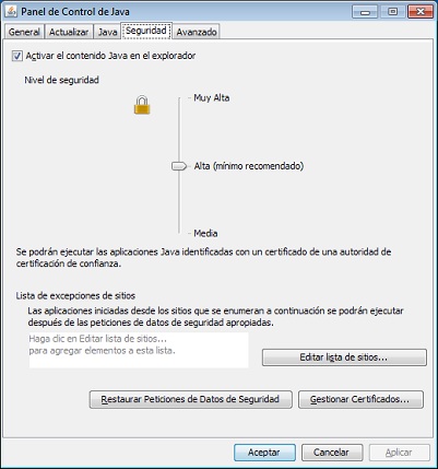 Separador Seguridad de panel de control de Java 7