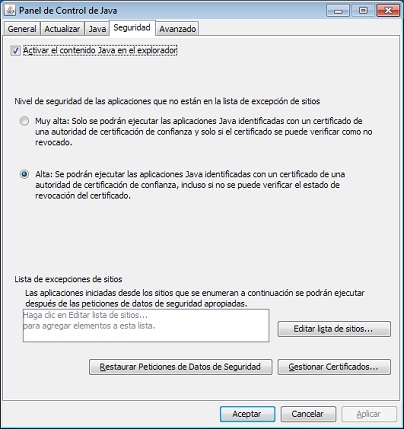 Separador Seguridad de panel de control de Java - Java 8u20
