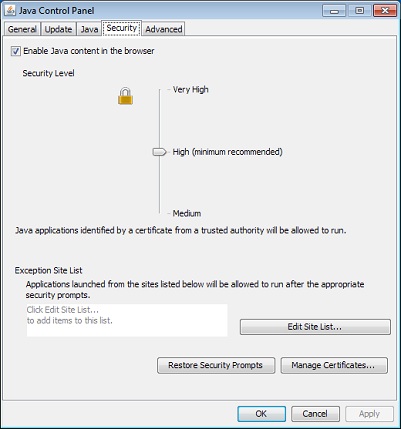 Java 7 Control Panel: karta „Security” (Zabezpieczenia)