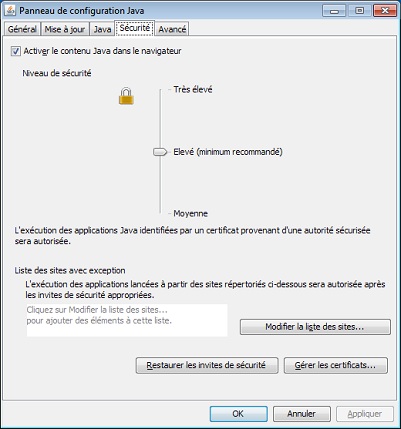 Onglet Sécurité du panneau de configuration Java 7