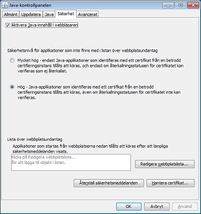 Fliken Säkerhet i kontrollpanelen för Java 8u20