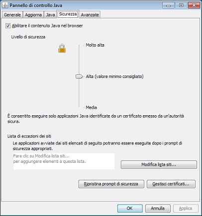 Pannello di controllo Java 7 - Scheda Sicurezza