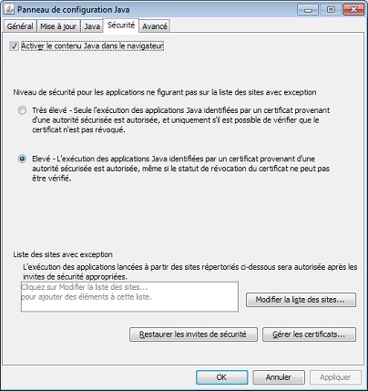 Onglet Sécurité du panneau de configuration Java 8u20