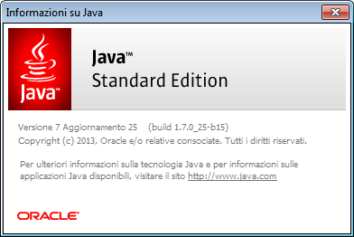 Versione di Java elencata nella finestra di dialogo Informazioni su Java del Pannello di controllo Java