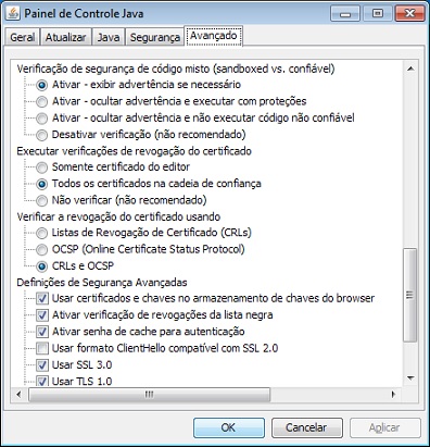 opções de configuração de verificação de revogação