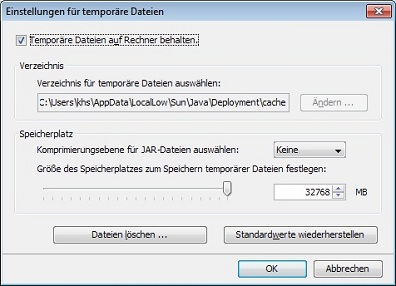 Dialogfeld 'Einstellungen für temporäre Dateien'