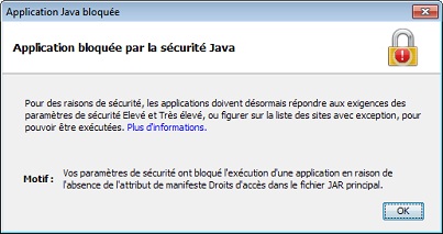 Application sécurisée dotée d'un JRE 8 avec certificat valide et droits d'accès manquants