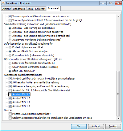 Kontrollpanelen för Java med alternativet för SSL version 3 avmarkerat