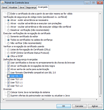 Painel de Controle Java - cancelar a seleção da opção SSLv3