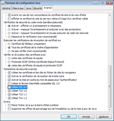 Option de désélection de SSLv3 dans le panneau de configuration Java