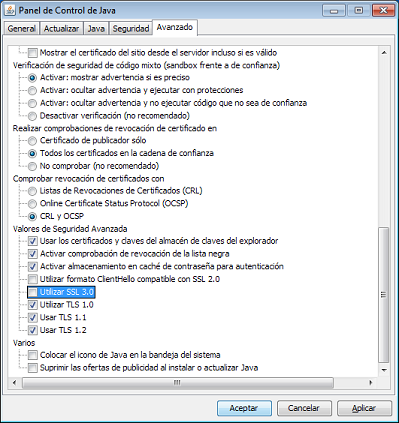 Panel de control de Java: Anulación de la selección de la opción SSLv3