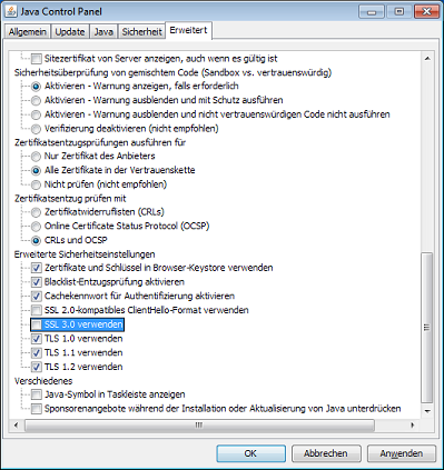 Option für SSL 3.0 im Java Control Panel deaktivieren