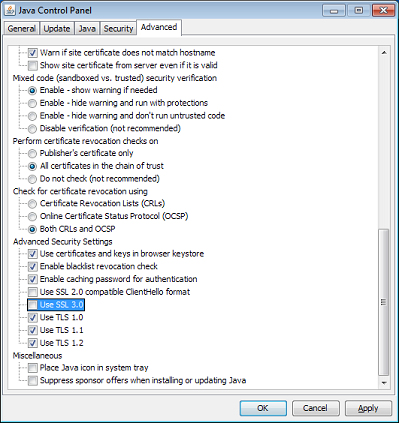 Java Control Panel deselect SSLv3 option