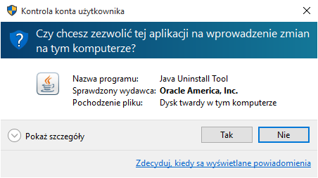 Okno dialogowe funkcji „Kontrola konta użytkownika” (UAC) z pytaniem o pozwolenie na uruchomienie aplikacji